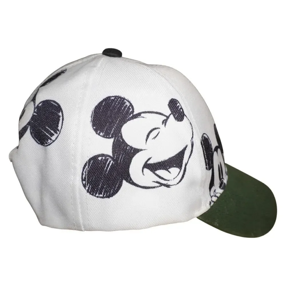 Disney Mickey Mouse Baseball Cap White Black Sketch Print Green Visor Snapback